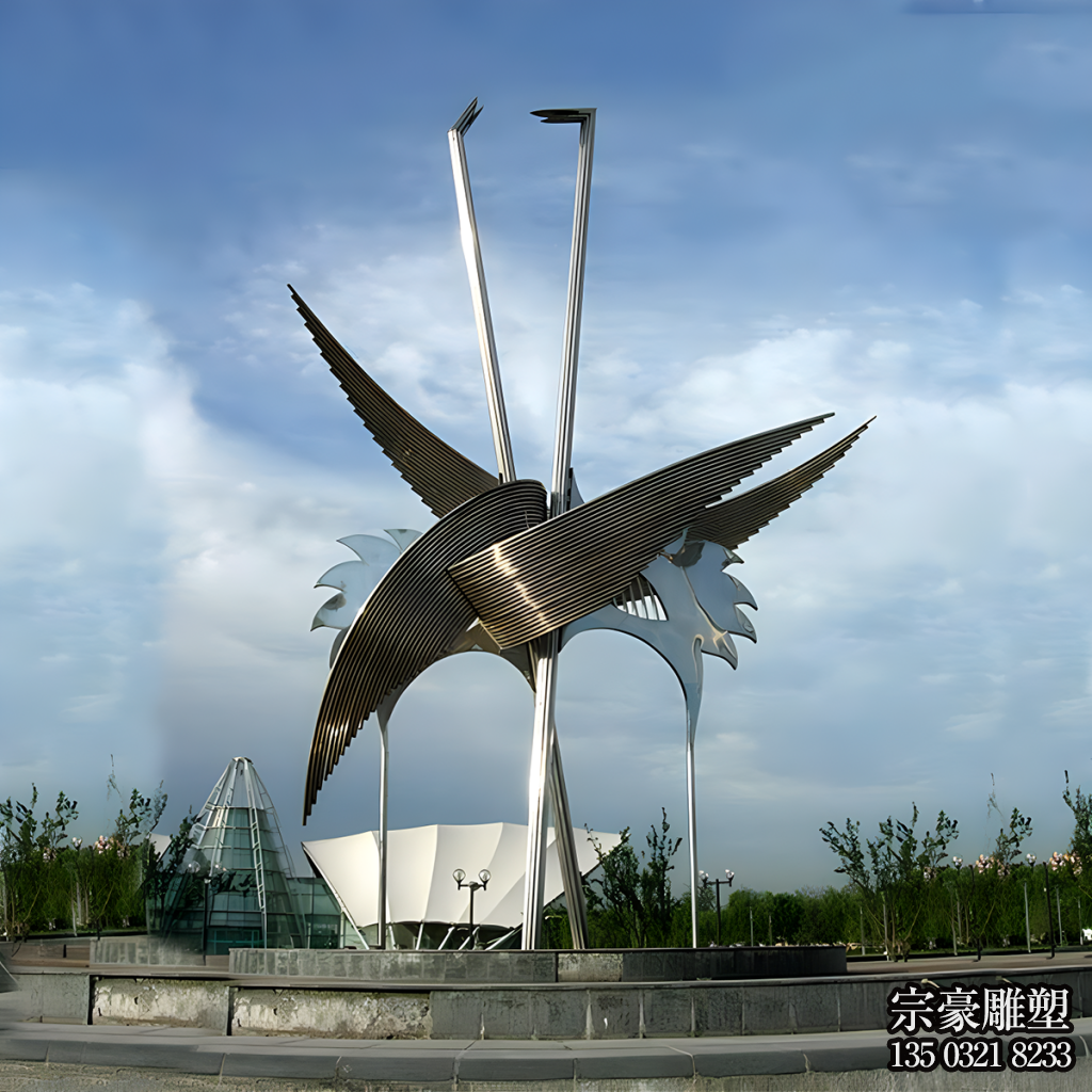 不銹鋼抽象仙鶴雕塑，大型戶外景觀動物雕塑
