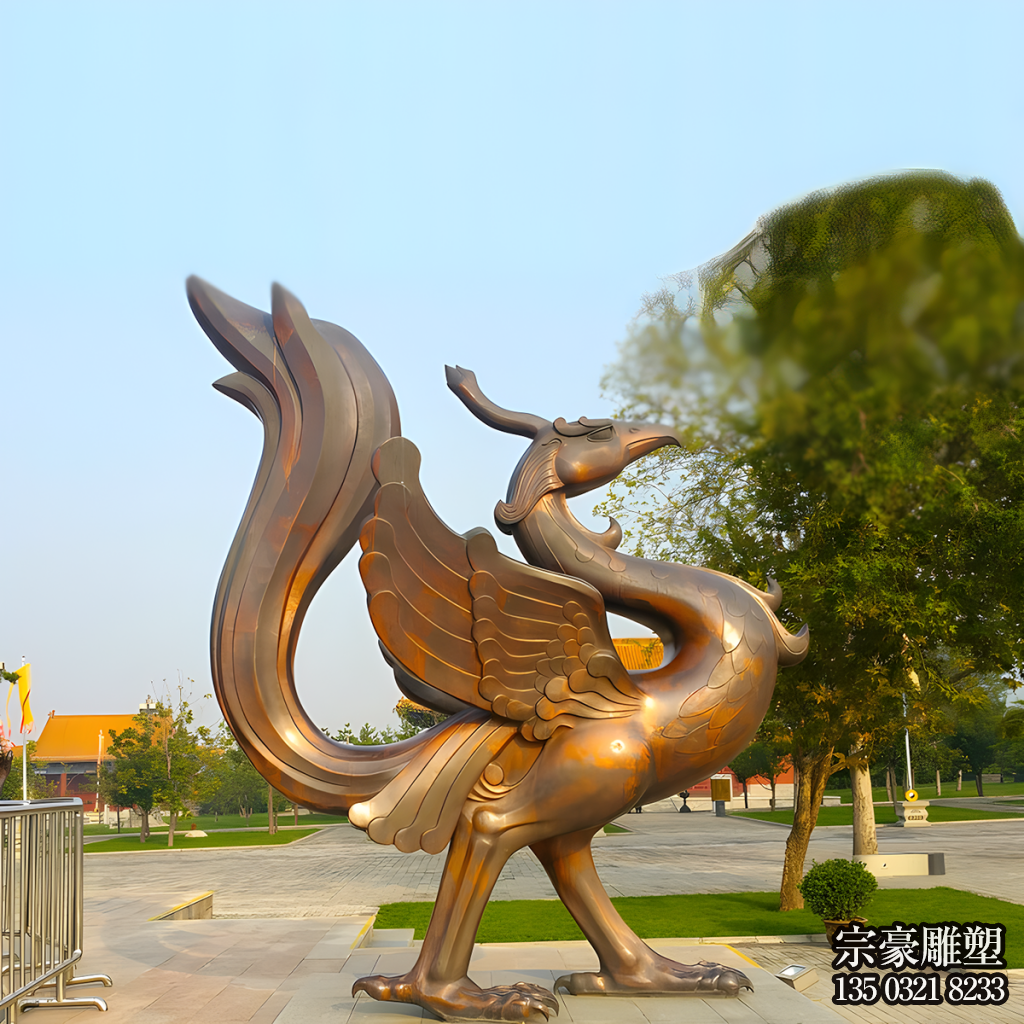 朱雀銅雕，紫銅色鑄銅神獸朱雀雕塑